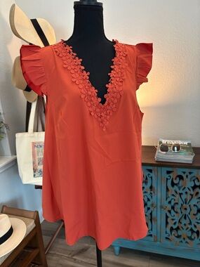 Womens Red Flutter Sleeve V-Neck Top with Floral Trim